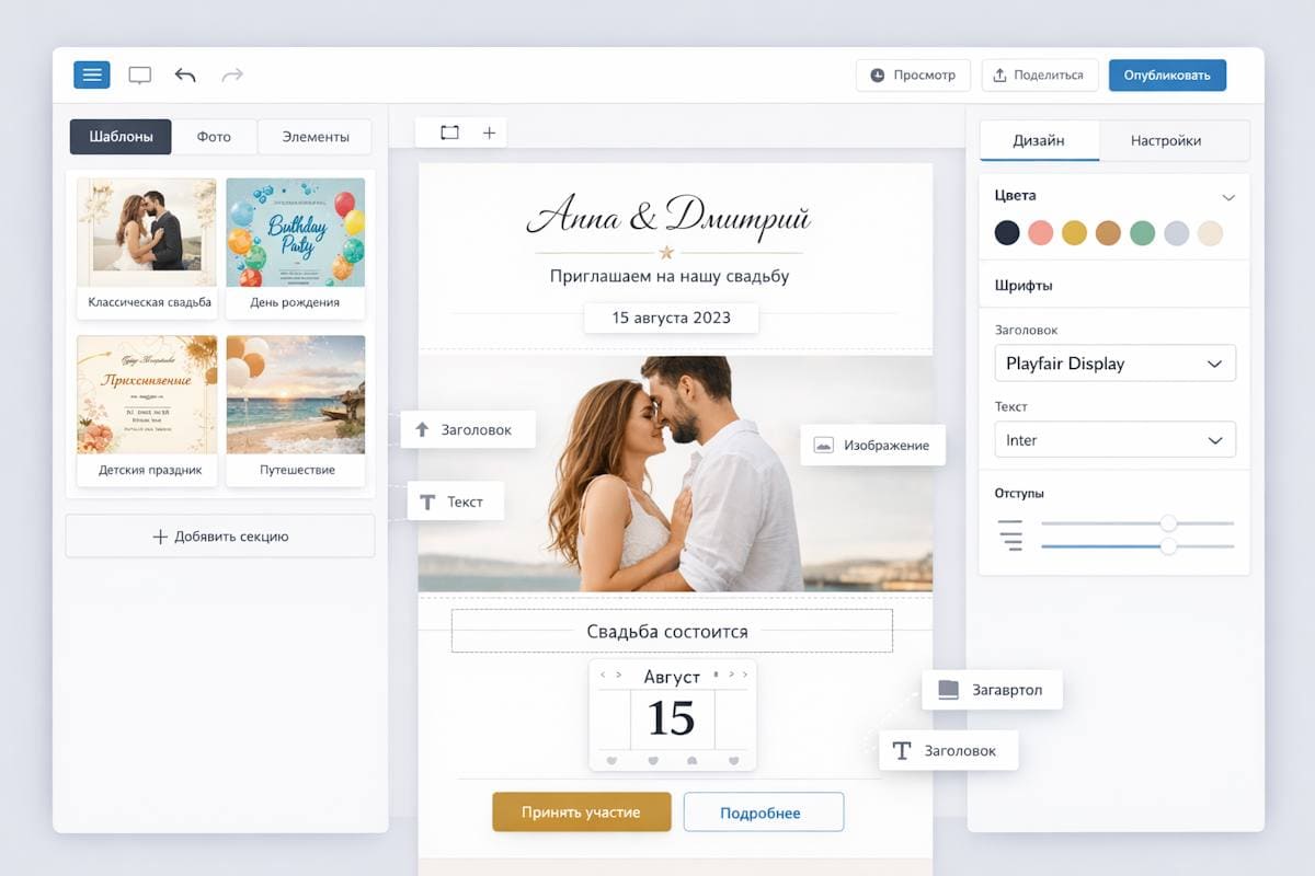 Интерфейс онлайн конструктора сайтов-приглашений